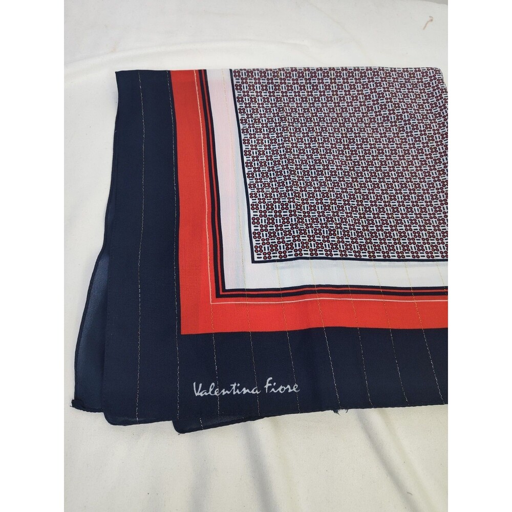 Valentina Fiore Red Black Striped Floral Scarf Made in Italy Vintage 27"x 25.5"